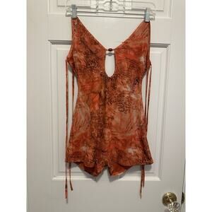 Y2K Boho Tie Back Romper Orange Brown Abstract Keyhole Women’s Small Festival